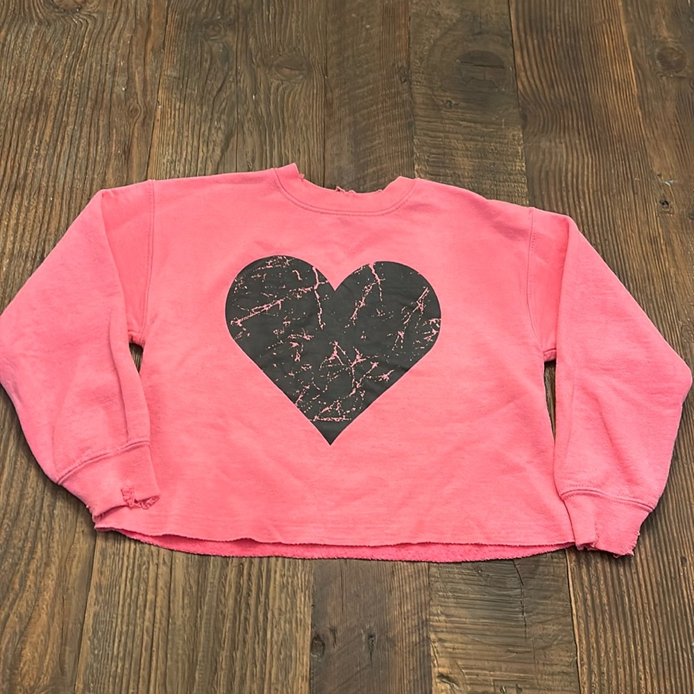 Hot pink crop distressed sweatshirt heart. Girls S EUC